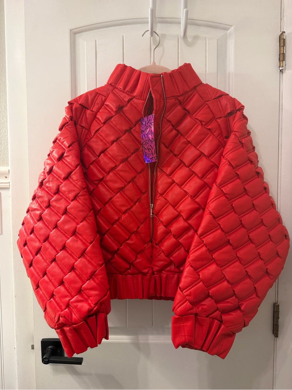 NWT; AKIRA BIRTHDAY COLLECTION PU WEAVE PUFFER BOMBER IN RED Sz- XL